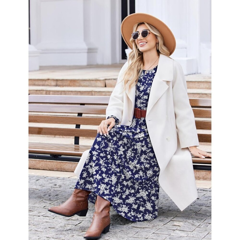 Zeagoo Women Blue Sprigs Long Sleeve Flowy A-Line Boho Long Dress with Pockets - Picture 6 of 6